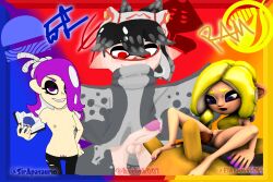 1boy 1girls 2girls 2girls1boy axol_(splatoon) big_man_(splatoon)_(cosplay) black_hair blue_background blue_eyes breasts clothed clothed_female clothed_male cum deep_cut_(splatoon) elasado55055 female frye_(splatoon)_(cosplay) inkling inkling_boy light-skinned_female light-skinned_male light_skin looking_at_viewer male nintendo octoling octoling_girl pubic_hair purple_eyes purple_hair pussy red_background red_eyes shiver_(splatoon)_(cosplay) sir_apasaurio smile smiling smiling_at_viewer splatfest splatoon splatoon_(series) splatoon_3 twitter_username vaginal_penetration yellow_background yellow_hair zane_(sir_apasaurio)