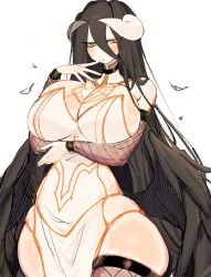 albedo_(overlord) angel_wings arm_under_breasts bare_hips black_hair black_wings blush breasts choker cleavage demon_girl demon_horns drawn dress female finger_to_mouth fishnet_armwear fishnets hair_between_eyes horns huge_breasts long_hair overlord_(maruyama) seductive_gaze sideboob spider_web_print thick_thighs thighhighs thighs usa37107692 very_long_hair white_dress wide_hips wings yellow_eyes