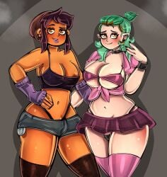 2girls amity_blight amity_blight_(beta) big_ass big_breasts bitterbunz chocolate_and_vanilla condom curvy_figure disney female female_only green_hair hat latina light-skinned_female long_hair looking_at_viewer luz_noceda luz_noceda_(beta) multiple_girls prostitute prostitute_clothes prostitution seductive_look slutty_outfit the_owl_house