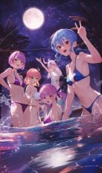 5girls :d absurdres ahoge arm_up bikini blue_bikini blue_eyes blush breasts covered_navel demon_horns full_moon green_eyes grin highres holoforce hololive hololive_gen_0 hololive_gen_2 hololive_japan holox horns hoshimachi_suisei la+_darknesss large_breasts long_hair looking_at_viewer medium_breasts medium_hair minato_aqua moon multiple_girls navel night night_sky one-piece_swimsuit open_mouth palm_tree partially_submerged pink_bikini pool purple_bikini purple_eyes sakura_miko senriyama short_hair side_ponytail sky small_breasts smile stomach strap_gap swimsuit tokoyami_towa tree twintails v v-shaped_eyebrows virtual_youtuber wading water wet white_bikini white_one-piece_swimsuit