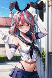 ai_generated cosplay emikukis female female_only hispanic_virtual_youtuber juninholara21 multicolored_eyes multicolored_hair outdoors owozu sailor_uniform shimakaze_(kantai_collection)_(cosplay) streaked_hair thong virtual_youtuber vtuber