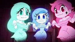 3girls animated animated_gif big_breasts cassette_(saymanart) cassidy_(saymanart) cleavage cute dancing ear_piercing fanart floating ghost ghost_girl jiggling_breasts looking_at_viewer luigi's_mansion mario_(series) saymanart smile swaying_hips tagme vinyl_(saymanart) wide_hips