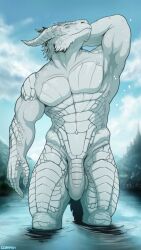 9:16 abs anthro baldur's_gate balls blue_eyes corrsk dragonborn_(dnd) dungeons_and_dragons flaccid foreskin genitals hasbro hi_res horn looking_at_viewer male muscular muscular_anthro muscular_male nude partially_submerged pecs penis scales scalie solo uncut water white_body white_scales wizards_of_the_coast