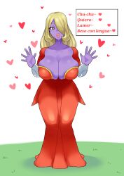 big_breasts blonde_female blonde_hair cynthia_(pokemon) dress jynx pokemon pokemon_(species) purple-skinned_female purple_skin red_dress spanish_text spanish_translation suteakazuzuki text