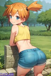 1girls 2020s 2023 ai_generated anime ass asymmetrical_hair bending_forward blue_bottomwear blue_eyes clothing cowboy_shot crop_top day denim denim_shorts eyebrows_visible_through_hair female female_only game_freak gen_1_pokemon grass gym_leader hair_between_eyes happy heroine kasumi_(pokemon) kneepits legs light-skinned_female light_skin looking_at_viewer manga nintendo orange_hair outdoors pokemon pokemon_(anime) pokemon_(classic_anime) pokemon_rgby ponytail rear_view shiny_hair shiny_skin short_hair short_shorts shorts side_ponytail smile solo solo_female strong_tomboy_(spectrum) teenage_girl teenager thighs tied_hair tomboy trees up_close video_game video_game_franchise yellow_topwear