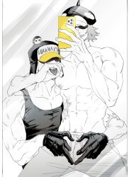 2boys bara covered_eyes fellatio_gesture gay gloves hat headwear heart_hands male male_only meme_pose momimimiya muscular muscular_male one_piece penguin_(one_piece) phone post-timeskip pubic_hair_peek restricted_palette scars self_upload selfie sexually_suggestive shachi_(one_piece) shaded_face sharp_teeth smile spot_color sunglasses tank_top tongue_out topless topless_male veiny_muscles yaoi