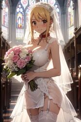 ai_generated blonde_hair blush breasts bride brown_eyes fairy_tail holding_flowers lucy_heartfilia moonbunny smile wedding_dress