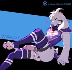 anthro asriel_dreemurr asriel_dreemurr_(god_form) balls bodily_fluids boots boss_monster bovid caprine clothing digital_media_(artwork) erection fleet-foot footwear fur genital_fluids genital_markings genitals goat heart high_heeled_boots high_heels horn legwear long_ears looking_at_viewer male male_only mammal markings monster penis penis_markings simple_background smile solo teeth thick_thighs thigh_boots thigh_highs undertale undertale_(series) white_body white_fur