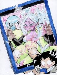 android android_21 blush bulma_briefs cute cute_expression cute_face cute_male dragon_ball dragon_ball_super horny_female long_hair majin majin_android_21 phone pink_skin showing_ass showing_off son_goku sweat sweating tail uri_artsu white_hair