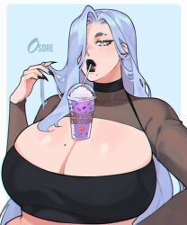 1girls black_lipstick blue_hair breasts cleavage drink drinking female female_only large_breasts lips lipstick long_hair looking_at_viewer mole mole_on_breast mole_under_mouth original original_character osoretic setsuna_(osoretics) solo wide_hips