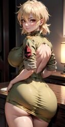 1girls ai_generated ass_focus big_ass big_breasts big_butt blonde_hair crelandir curvaceous curvy curvy_female curvy_figure desk female hellsing hellsing_ultimate lamp large_breasts miniskirt red_eyes seras_victoria short_sleeves skirt smile smiling smiling_at_viewer uniform vampire vampire_girl