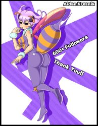 1girls 2021 aidan_kresnik animal_humanoid antennae_(anatomy) arthropod arthropod_abdomen arthropod_humanoid bee_humanoid bee_sting black_sclera blush breasts butt capcom clothing darkstalkers english_text female female_only hair hi_res humanoid hymenopteran hymenopteran_humanoid insect insect_humanoid insect_wings lavender_hair looking_at_viewer looking_back medium_breasts milestone_celebration neck_tuft not_furry q-bee rear_view short_hair signature small_breasts solo tagme text tight_clothing tuft wings wrist_fluff