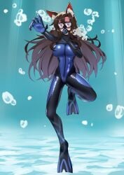 absurdres ailu_elf air_bubble asphyxiation bodysuit bubble diving diving_mask diving_regulator diving_suit drowning female flippers goggles highres holding_breath imaizumi_kagerou scuba scuba_gear skin_tight solo touhou underwater wetsuit