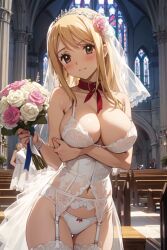 ai_generated blonde_hair blush breasts bride brown_hair closed_mouth fairy_tail flowers lucy_heartfilia moonbunny panties underwear wedding_dress