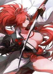 1girls amputee baiken big_hair black_kimono breasts cleavage danhu eyepatch female from_above fundoshi guilty_gear guilty_gear_strive highres holding holding_sword holding_weapon huge_breasts japanese_clothes kataginu katana kimono missing_arm multicolored_clothes multicolored_kimono one-eyed open_clothes open_kimono red_eyes red_hair red_rope rope samurai scar scar_across_eye scar_on_face sheath signature solo sword weapon white_background
