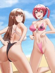 2girls :d anoreika_tomoe ass beach bikini black_hair black_one-piece_swimsuit blush breasts brown_hair cloud curvy from_behind front-tie_bikini_top front-tie_top frontal_wedgie goddess_of_victory:_nikke hair_intakes highleg highleg_swimsuit huge_ass kneeling long_hair looking_at_viewer looking_back mast_(a_pirate's_heart)_(nikke) mast_(nikke) medium_breasts multicolored_clothes multicolored_hair multicolored_swimsuit multiple_girls ocean oerba_yun_fang one-piece_swimsuit open_mouth orange_eyes pink_bikini pink_eyes rapi_(classic_vacation)_(nikke) rapi_(nikke) red_hair sand shiny_skin skin_fang skindentation skull_choker skull_print sky smile streaked_hair swimsuit swimsuit_tug water wedgie wet white_one-piece_swimsuit wide_hips