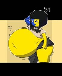 1girls belly belly_button big_belly black_hair blue_body breasts brocolees ena fat huge_belly joel_g navel skirt stuffed_belly weight_gain yellow_body