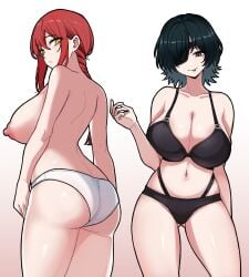2girls areolae ass back back_view backboob big_ass big_breasts black_bra black_panties bottomwear bra braid breasts breasts_out chainsaw_man cleavage dark_green_hair eye_patch eyewear female female_only green_eyes green_hair himeno_(chainsaw_man) huge_ass huge_breasts looking_back makima_(chainsaw_man) multiple_girls nipples panties red_hair short_hair siri_(artist) thighs tongue tongue_out topless topwear white_panties yellow_eyes