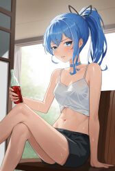 1girls 2020s 2023 absurdres bare_shoulders black_bottomwear black_ribbon black_shorts blue_choker blue_eyes blue_hair blush bottle breasts camisole choker crossed_legs diptip eyebrows_visible_through_hair feet_out_of_frame female front_knot_midriff front_view gym_shorts hair_between_eyes hair_ribbon highres hololive hololive_gen_0 hololive_japan hoshimachi_suisei indoors legs light-skinned_female light_skin long_hair looking_at_viewer manga medium_hair ribbon shiny_hair shiny_skin short_ponytail short_shorts shorts sitting small_breasts solo solo_female star_(symbol) star_in_eye sweat sweaty sweaty_arms sweaty_legs symbol_in_eye tank_top teenage_girl teenager tsundere virtual_youtuber white_camisole white_topwear