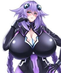 1girls arm_up blush bodysuit cleavage close-up clothed female front_view goddess hand_on_hip large_breasts lips long_hair looking_away neptune_(neptunia) neptunia_(series) purple_hair purple_heart_(neptunia) seshiro_(which501) simple_background twin_braids