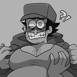 anon anonymous_character big_pecs cartoony chubby_male cleavage confused confused_look fat fat_man grabbing_breast hairy_chest huge_boobs huge_pecs male male_only moobs nervous nervous_face nervous_sweat pecs pecs_grab peppino_spaghetti pizza_tower sweat