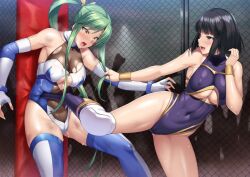 2girls black_hair blue_eyes blue_leotard boots breasts catfight chain-link_fence cleavage cleavage_cutout clothing_cutout covered_nipples elbow_gloves fence fingerless_gloves gloves green_hair hair_ribbon huruikeya kaeru_no_uta kicking large_breasts leotard long_hair medium_breasts minami_toshimi multiple_girls ponytail ribbon ryona sakurai_chisato short_hair thigh_boots thighhighs very_long_hair white_leotard wrestle_angels wrestling wrestling_boots wrestling_outfit yellow_eyes