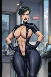 ai_generated angry big_thighs black_gloves black_hair black_lipstick blue_eyes busty dark_hair female heroine hourglass_figure huge_breasts human leather majestic_(sov) muscular_thighs narrow_waist original_character short_hair society_of_virtue solo_female suggestive superheroine the_hotshot thick_thighs toned_stomach wide_hips