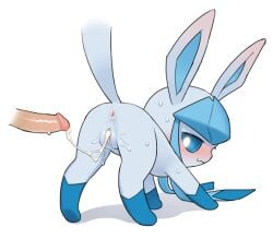 anus ass blue_body blue_eyes blush bodily_fluids cum cum_in_pussy cum_inside disembodied_penis duo eeveelution female feral generation_4_pokemon genital_fluids genitals glaceon human leaking_cum male male/female mammal nintendo penis pokemon pokemon_(species) pussy simple_background smile tail tosx white_background