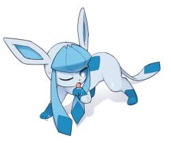 blue_body blue_eyes bodily_fluids cum eeveelution female feral generation_4_pokemon genital_fluids glaceon licking licking_cum looking_at_viewer nintendo one_eye_closed open_mouth pokemon pokemon_(species) simple_background solo tongue tongue_out tosx white_background