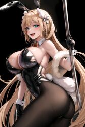 ai_generated alternate_costume animal_ears ass bare_shoulders blonde_hair blush breasts bunny_ears female fishnet_pantyhose from_behind gloves goddess_of_victory:_nikke green_eyes huge_ass large_breasts leotard long_hair looking_at_viewer oerba_yun_fang official_alternate_costume open_mouth pantyhose playboy_bunny pole_dancing ponytail rabbit_ears rabbit_tail rupee_(nikke) rupee_(rabbit_deluxe)_(nikke) shiny shiny_clothes shiny_hair shiny_skin sideboob smile solo tail thong thong_leotard very_long_hair