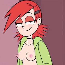 accurate_art_style ai_generated black_choker breasts breasts_out cartoon_network female female_focus female_only foster's_home_for_imaginary_friends frankie_foster fuck_me_eyes hairclip loafduck messy_hair naughty_face nipples open_jacket partially_nude red_hair smile