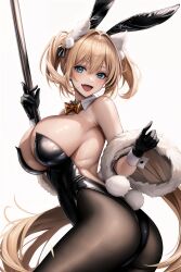 ai_generated alternate_costume animal_ears ass bare_shoulders blonde_hair blush breasts bunny_ears female fishnet_pantyhose from_behind gloves goddess_of_victory:_nikke green_eyes huge_ass large_breasts leotard long_hair looking_at_viewer oerba_yun_fang official_alternate_costume open_mouth pantyhose playboy_bunny pole_dancing ponytail rabbit_ears rabbit_tail rupee_(nikke) rupee_(rabbit_deluxe)_(nikke) shiny shiny_clothes shiny_hair shiny_skin sideboob smile solo tail thong thong_leotard very_long_hair