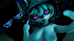 3d 3d_(artwork) areolae big_breasts breasts flipping_off goth green_hair hard_nipples kfgira league_of_legends naked naked_female purple_eyes selfie sfm shadow shortstack smug tongue tongue_out vex_(league_of_legends) yordle