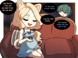 1boy 1girls blonde_hair byleth_(fire_emblem) byleth_(fire_emblem)_(male) catgirl closed_eyes english_text fake_pregnancy female female_focus fire_emblem fire_emblem:_three_houses hair_over_shoulder kinkymation long_hair mercedes_von_martritz nintendo open_mouth pillow side_ponytail sitting smile solo_focus tail text wholesome