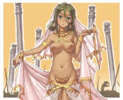 ashoka_(eiyuu_senki) breasts_out chakram dark-skinned_female eiyuu_senki green_eyes green_hair hair_loopies harem_girl harem_outfit indian indian_female jewelry medium_breasts navel pillar shoe-ji solo_female teenager veil weapon young