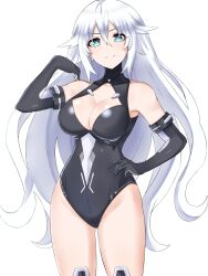 arm_up bare_shoulders black_heart blue_eyes breasts cleavage elbow_gloves goddess hand_on_hip legwear leotard light-skinned_female long_hair looking_at_viewer neptunia_(series) noire simple_background smile solo straight_hair white_hair zatsu