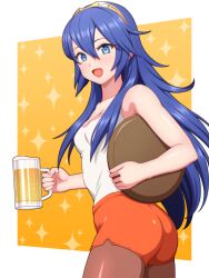 1girls :d alternate_costume beer_mug blue_eyes blue_hair breasts cleavage commission cowboy_shot cup female female female_only fire_emblem fire_emblem_awakening hair_between_eyes highres holding holding_cup holding_tray hooters ibushi_(oath) looking_at_viewer lucina_(fire_emblem) mug nintendo oathcradle open_mouth orange_shorts pantyhose shirt shorts skeb_commission sleeveless sleeveless_shirt small_breasts smile symbol_in_eye tiara tray waitress white_shirt