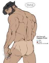 1boy 2023 2d ass back_view balls ballsack bara barely_visible_balls blue_eyes bonjourdraws brown_hair call_of_duty call_of_duty_modern_warfare_2_(2022) captain_price cigar drawn facial_hair hairy_arms human john_price looking_at_viewer male male_only manly mature_male muscles muscular_male mustache mutton_chops naked naked_male nude_male scrotum sideburns solo tanline testicles