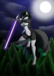 absurd_res anthro artist_azevix black_toes blackandwhite canid canine canis dragon dyed_fur female female/female heterochromia hi_res hybrid jedi lightsaber mammal melee_weapon multi_tail solo star_wars tail weapon wolf