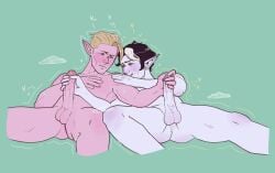 2boys black_hair blonde_hair blue_eye blue_skin blush brown_eyes elf elf_ears gay green_background green_eyes hairless_balls hairless_penis handjob heart heterochromia homosexual jacking_off_another laying_on_back looking_at_another lying_on_back male male/male male_only multicolored_hair multiple_boys nokoseoklane palia pointed_ears pointy_ears purple_body short_hair smirk sweat sweatdrop white_streak yaoi