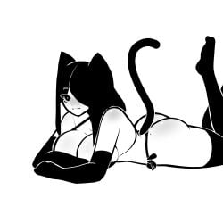 1girls 2023 animal_ears ass big_ass bikini black_bikini black_eyes black_hair blush body_blush breasts cat_ears cat_tail catgirl cleavage elbow_gloves facial_markings gloves hair_over_one_eye large_breasts legs_up long_gloves looking_at_viewer lying no_shoes on_stomach original side-tie_bikini smile tagme tail tekona thighhighs