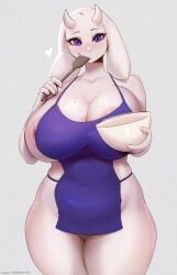 2023 apron big_breasts bowl breasts cleavage cooking female female_focus female_only furry goat nipple_slip nipples purple_hair spatula sugene sukiskuki thick_thighs thighs toriel undertale undertale_(series) white_fur wide_hips