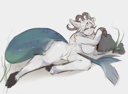 absurd_res anthro big_breasts breasts capricorn colored female fish_tail fur genitals hair hi_res horn long_hair lying nipples nude pussy rock solo terrible_existence_(artist) thick_thighs white_body white_fur white_hair