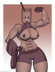 abs anthro choccy_(supermilkman) chocolate_milk confident confident_smile dark-skinned_female exposed_breasts fingerless_gloves first_porn_of_character jacket_removed living_object muscle_girl muscles muscular muscular_female nipples object_head original original_character self_upload shirt_lift shirt_pull shirt_up shorts six_pack skin_tight supermilkman tank_top tank_top_lift thick_thighs tomboy