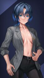 1girls absurdres black_pants blue_eyes blue_hair breasts cleavage closed_mouth collarbone ear_piercing grey_jacket highres hiodoshi_ao hololive hololive_dev_is hololive_regloss jacket jacket_open looking_at_viewer medium_breasts mole mole_under_mouth multicolored_hair navel no_bra no_shirt open_clothes open_jacket pants parted_bangs piercing regloss shirt short_hair skylock solo striped striped_jacket tomboy vertical-striped_jacket vertical_stripes virtual_youtuber