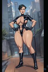 ai_generated black_hair female heroine huge_breasts human leather majestic_(sov) original_character seductive_look short_hair society_of_virtue solo_female suggestive superheroine the_hotshot thick_thighs wide_hips