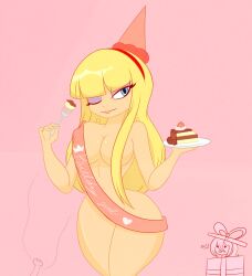 1girls birthday birthday_cake birthday_hat blonde_hair breasts cake eating_food female female_only food limbros lipstick long_hair naked_hat naked_ribbon navel nude nude_female red_lipstick revrookington solo tiffany_(revrookington) tiffany_fay