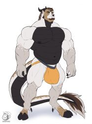 areola barazoku belly biceps big_bulge black_body bulge buzzybub claws clothed clothing digitigrade dragon dragon_horse equid equine facial_hair hi_res hooves horn horse hybrid jockstrap jockstrap_only male mammal mane moustache muscular muscular_male muscular_thighs navel nipples pecs solo topless underwear underwear_only