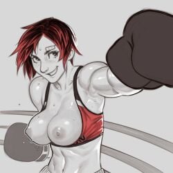 1girls boxing_gloves breasts_out dead_or_alive large_breasts mila_(doa) overflowing_breasts short_hair sineprin sweat tomboy wardrobe_malfunction