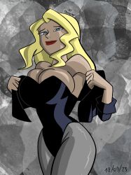 big_breasts black_canary blonde_hair blonde_hair_female blue_eyes breasts dc dc_comics dcau drake95 jacket justice_league justice_league_unlimited long_hair pose posing smile